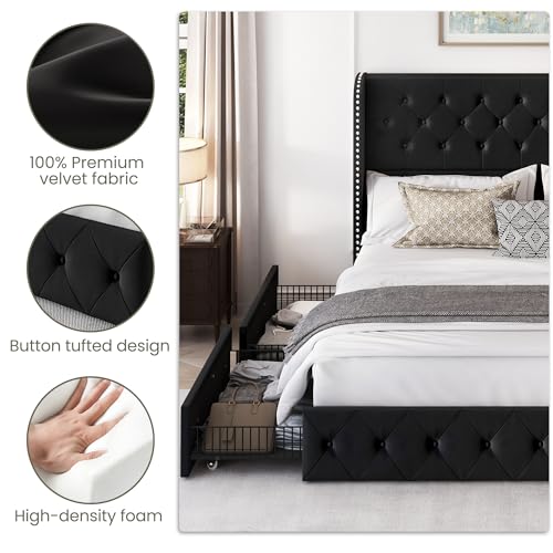 King Size Bed Frame with 4 Storage Drawers and Tufted Headboard Linen Upholstered Platform Bed Frame Wingback Beds with Wooden Slats Support