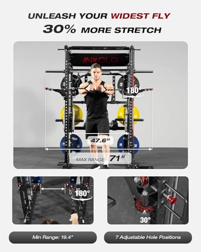 Mikolo Smith Machine, Multi-Function Power Cage with Dual Pulley System, Vertical Leg Press Attachment