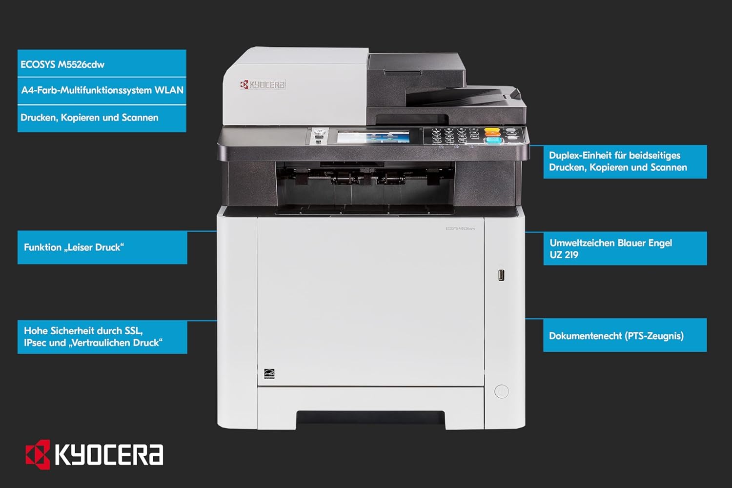 KYOCERA ECOSYS M5526cdw All-in-One Color Laser Printer (Print/Copy/Scan/Fax), 27 ppm, Up to Fine 1200 dpi, Gigabit Ethernet, Wireless & Wi-Fi Direct