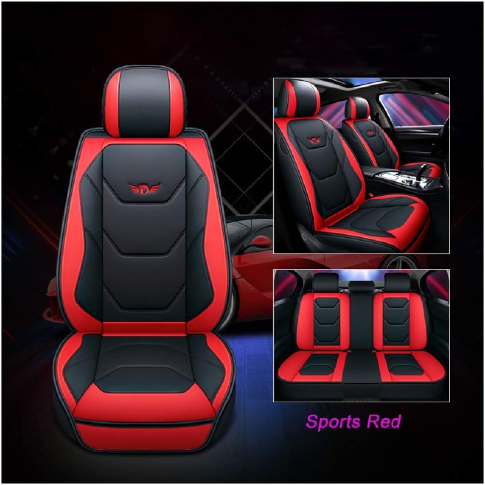 JOJOHON Luxury PU Leather Auto Car Seat Covers 5 Seats Full Set Universal Fit (Black-Red)