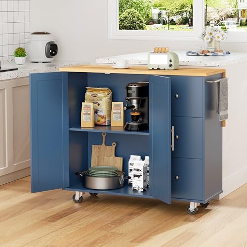 Shintenchi Rolling Kitchen Island Cart with Folding Drop Leaf Breakfast Bar, Portable Trolley Island with Large Storage Cabinet, Shelf and Drawer