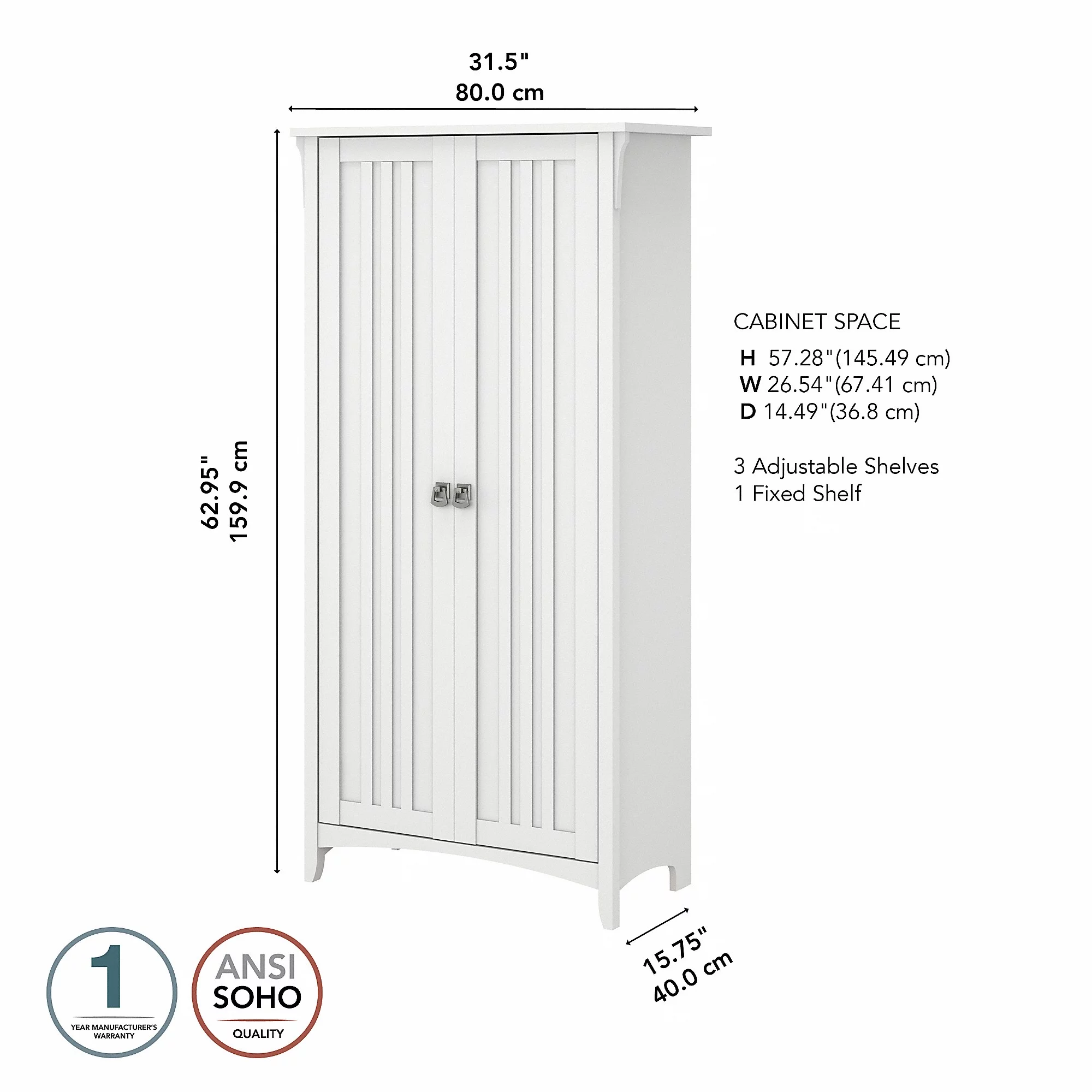 Bush Furniture Salinas Tall Storage Cabinet with Doors, Pure White