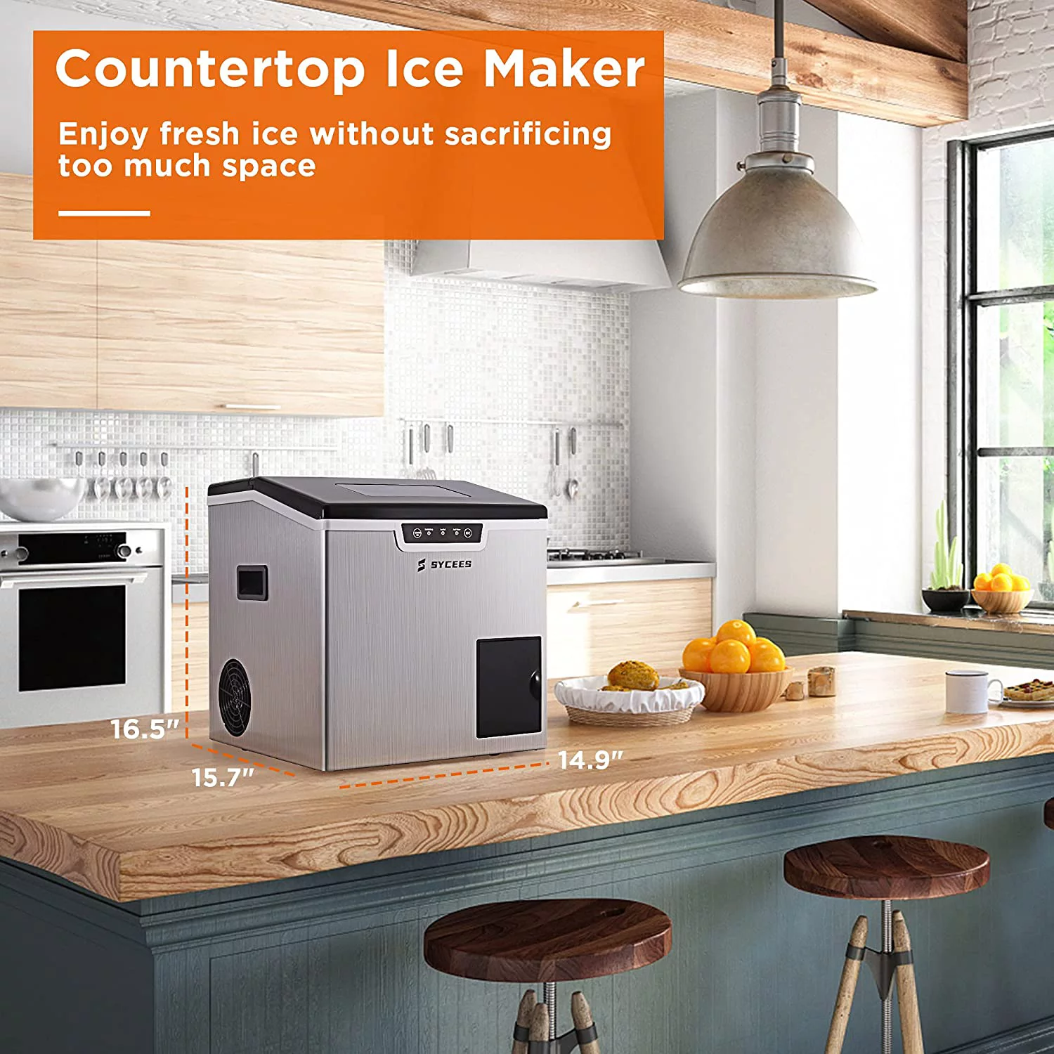 Sycees 2-in-1 Countertop Ice Maker Machine & Ice Shaver, 44lbs Stainless Steel
