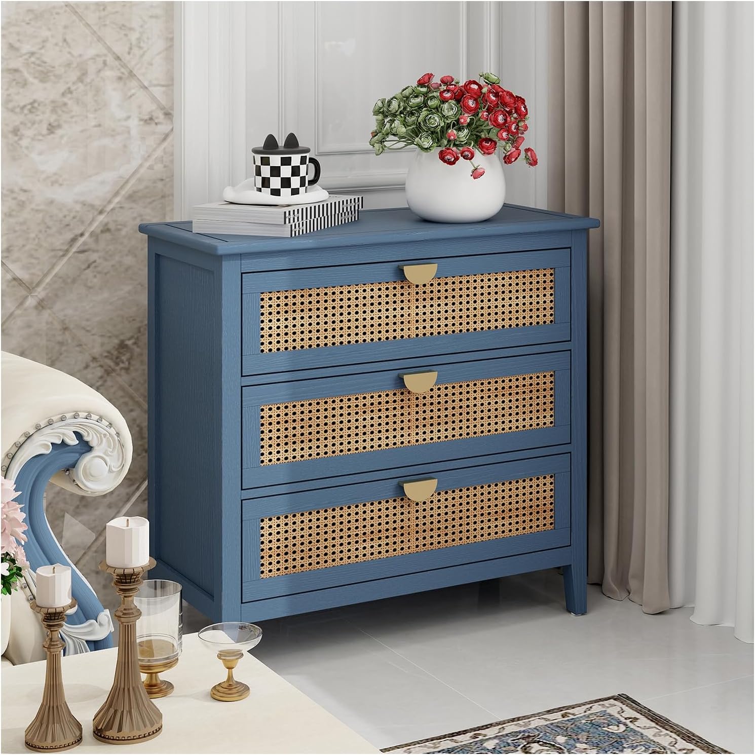 3 Drawer Cabinet Storage Cabinet Coffee Bar Cabinet Accent Cabinet Sideboard Kitchen Cabinet,Natural Rattan,American Furniture,Suitable for Bedroom
