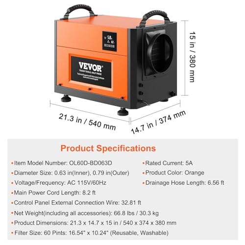 VEVOR Commercial Dehumidifier with Drain Hose for Crawl Spaces, Basements Warehouse & Job Sites