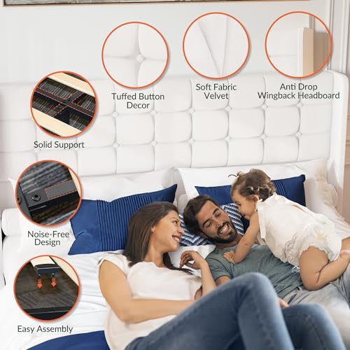 Queen Size LED Bed Frame with 4 Storage Drawers and Tufted Headboard Velvet Upholstered Platform Bed Frame Wingback Beds with Heavy Duty Wood Slats