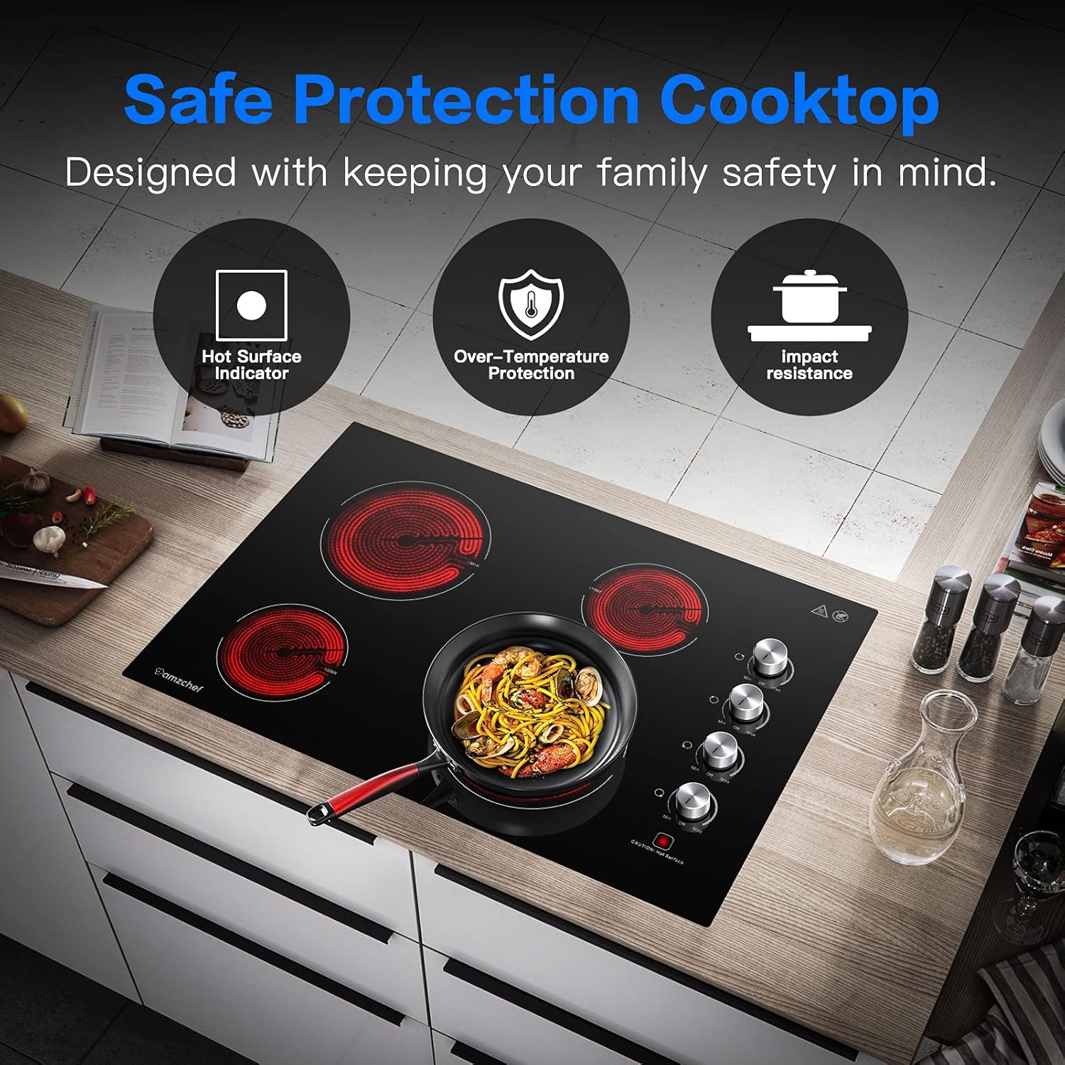 AMZCHEF Electric Cooktop 30 Built-in Electric Burner with 4 Burners, ETL Safety Certified, Power Control by Knob