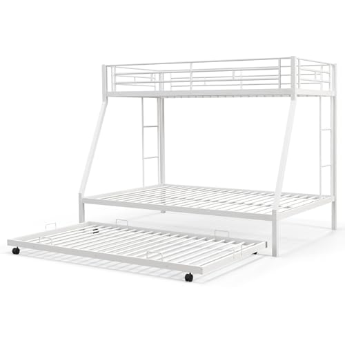 KOMFOTT Twin Over Full Bunk Bed with Trundle, Heavy-Duty Metal Bunk Bed Frame with Guardrail & 2 Ladders, Space-Saving Bunk Bed for Kids/Teens/Adults