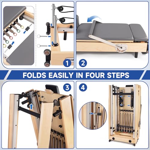 Extended Pilates Reformer, Foldable Wood Pilates Machine with Sitting Box, Jump Board and Anti-Slip Mat for Strength, Rehab & Flexibility