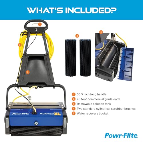 Multiwash 14 inch Commercial Floor Scrubber Machine by Powr-Flite, Power Scrubbers for Cleaning a Variety of Hard and Soft Surface Floors, PFMW14
