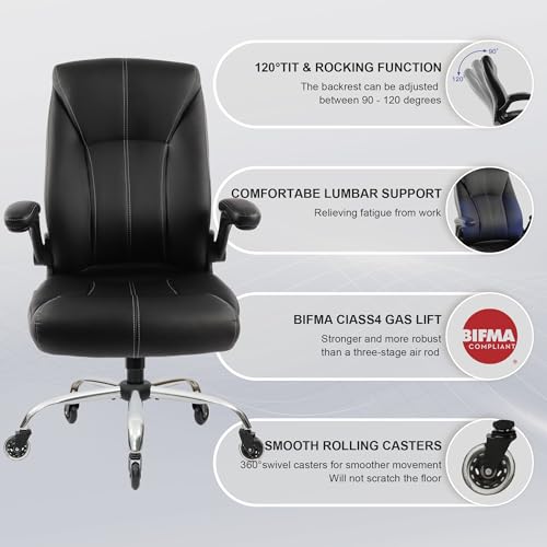 Big and Tall Office Chair for Heavy People 400lb, Executive Desk Computer Chair Adjustable Flip-up Armrests
