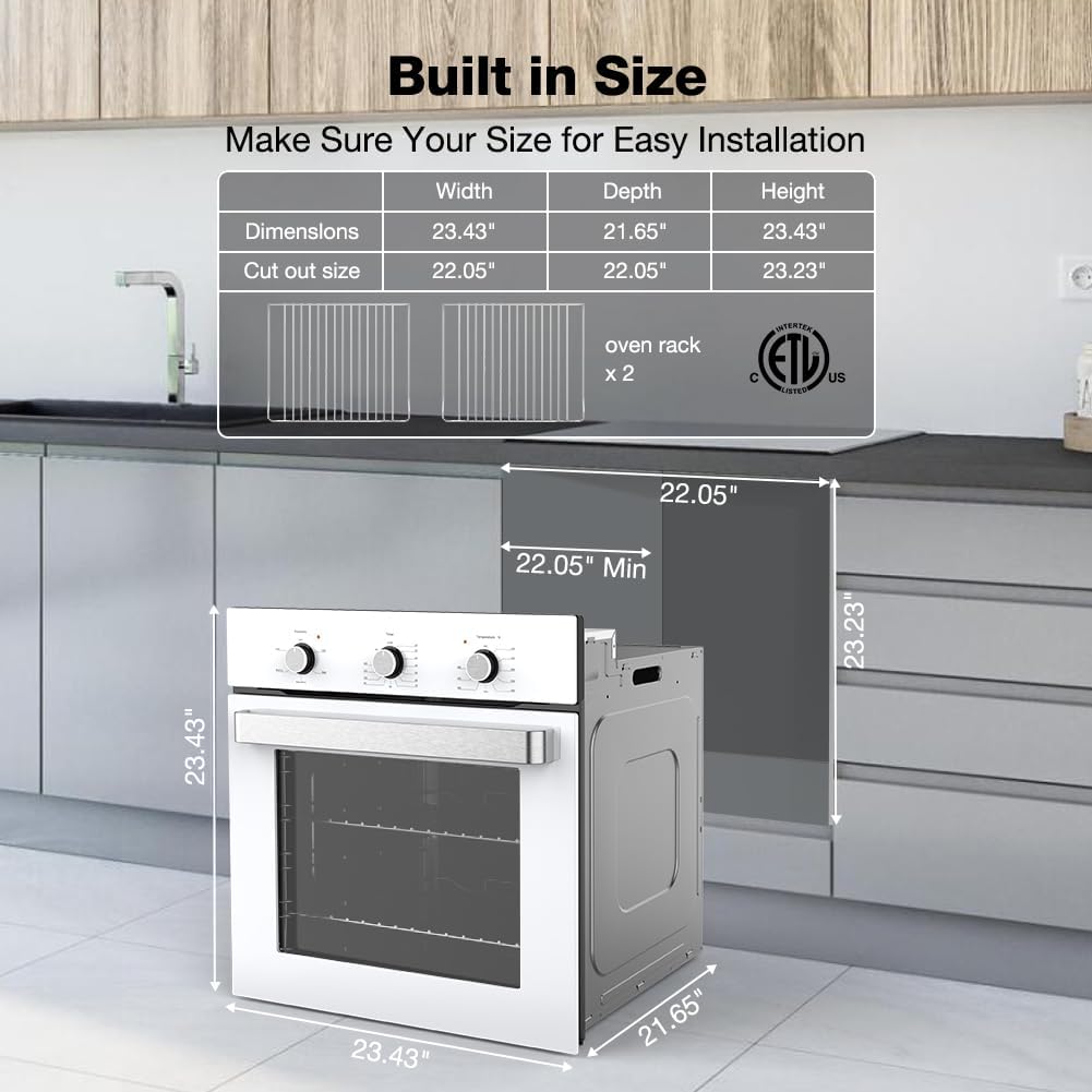 24" Single Wall Oven, thermomate 2.79 Cu.ft. Electric Wall Oven with 5 Cooking Functions, 2200W White Built-in Ovens with Mechanical Knobs Control