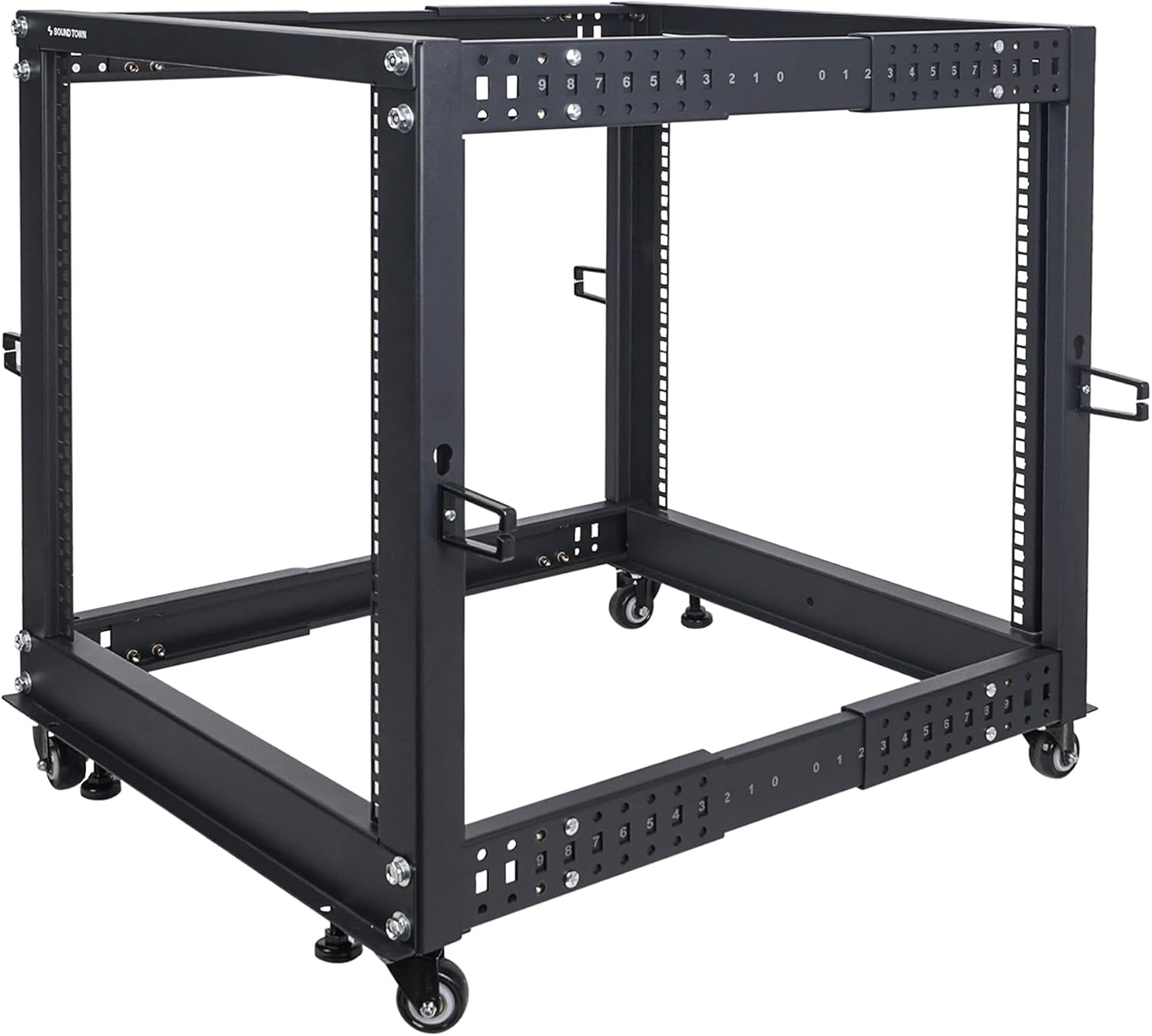 Sound Town 4-Post 12U Open Frame Sever and Network Equipment Rack with Adjustable Depth 22-40, Casters, Levelers, Cable Management (ST4POF-A12U)
