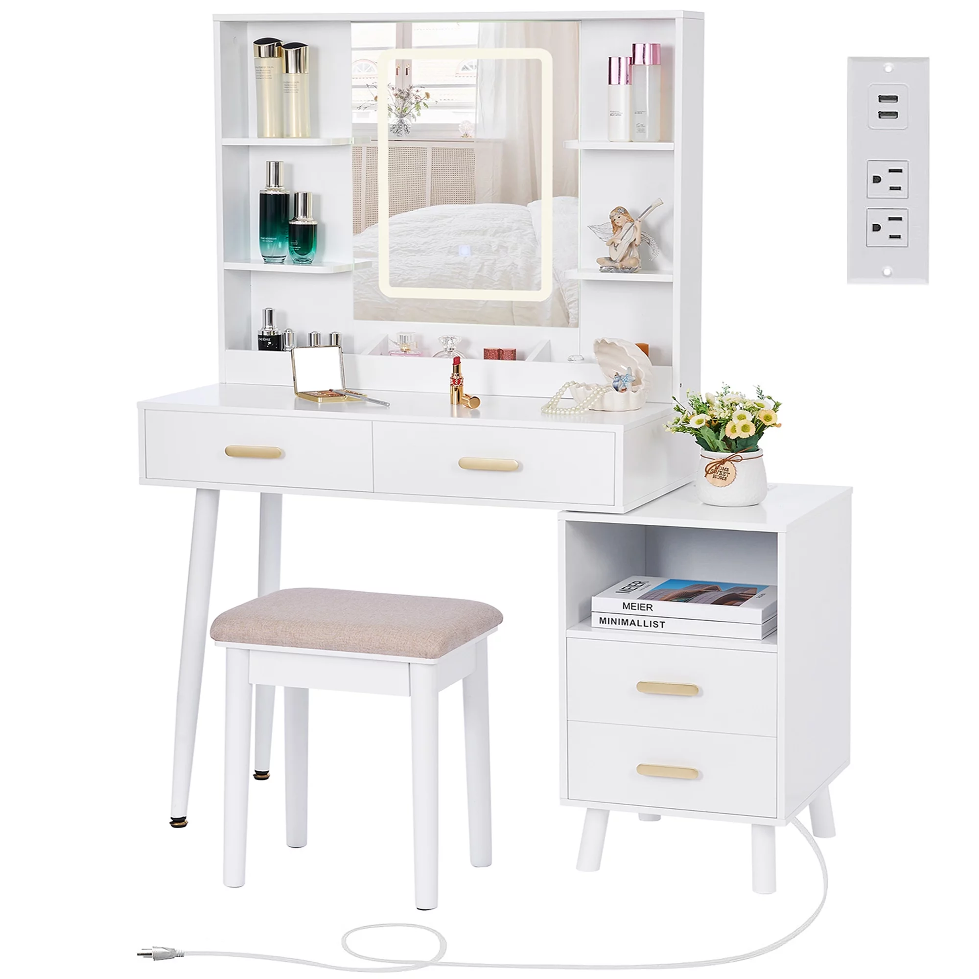 BEWISHOME Vanity Desk with Mirror and Lights, Makeup Vanity with Lights, White Vanity with Charging Station & Cabinets