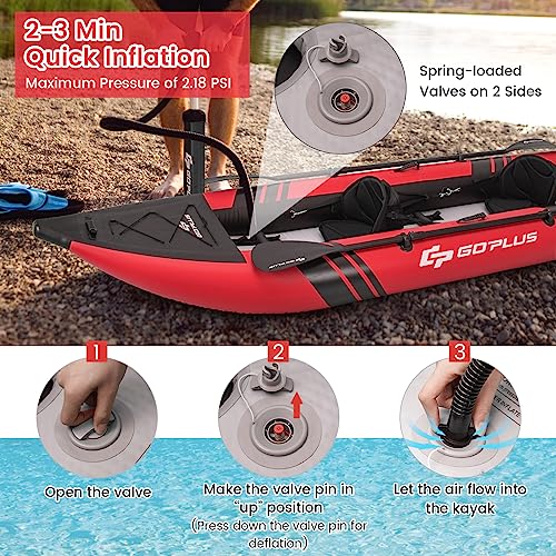 Goplus Inflatable Kayak, 2-person Kayak Set for Adults with 507 LBS Weight Capacity, 2 Aluminium Oars, EVA Padded Seat, 2 Fins, Hand Pump, Carry Bag