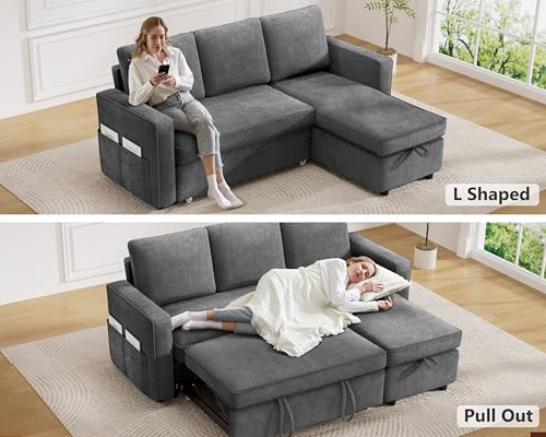 81" Sleeper Sofa Bed with Pull Out Bed, L Shaped Couch Sectional Sleeper Sofa, Pull Out Couch with Reversible Storage Chaise, Side Pockets