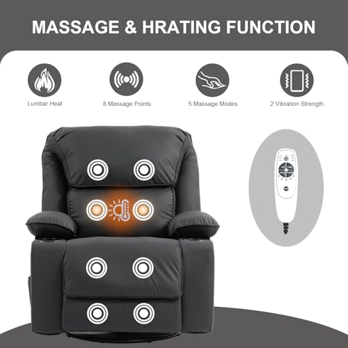 Rocker Recliner Chair with Massage and Heated, 360°Swivel Rocking Chairs with Cup Holders Remote Control for Living Room (Gray Oatmeal)