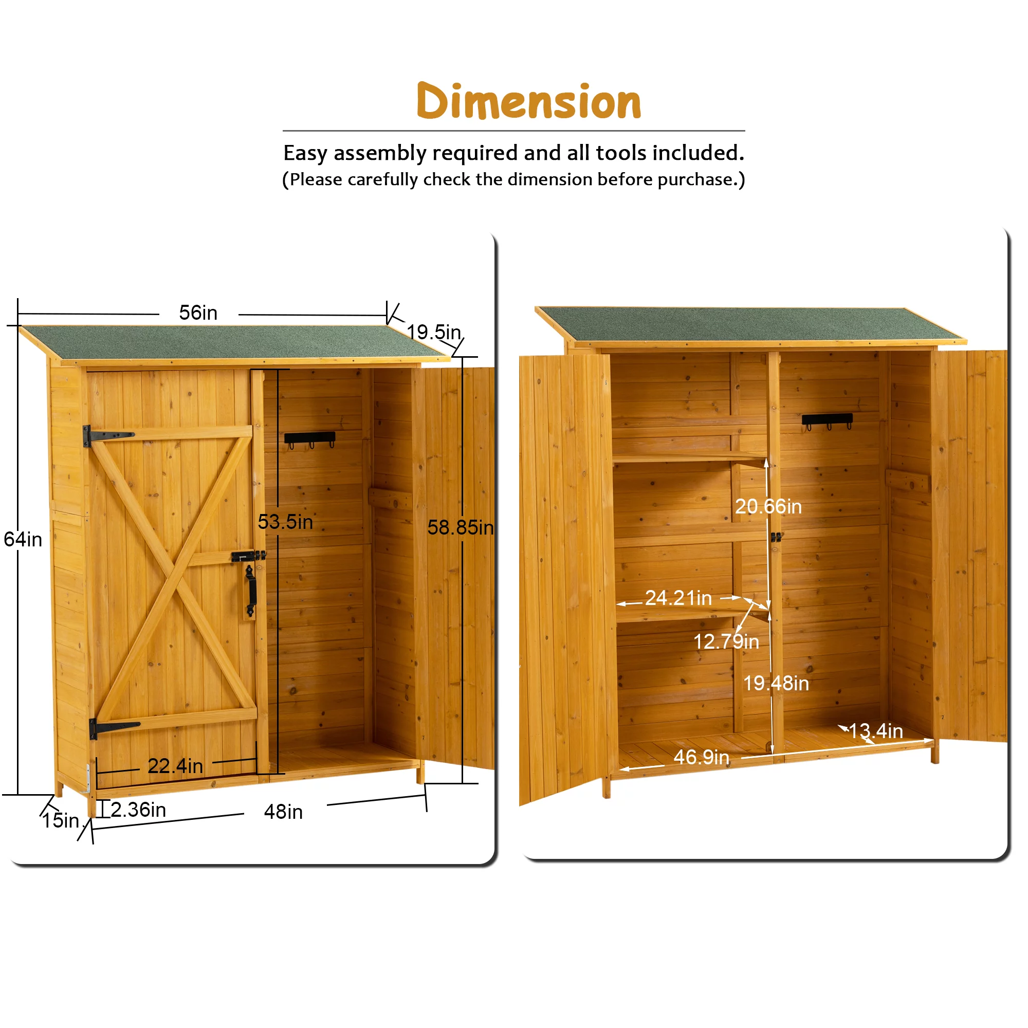CASEMIOL Patio Storage Shed with Detachable Shelves and Hooks, Outdoor Wood Shed with Waterproof Pitch Roof, Backyard Shed with Lockable Door
