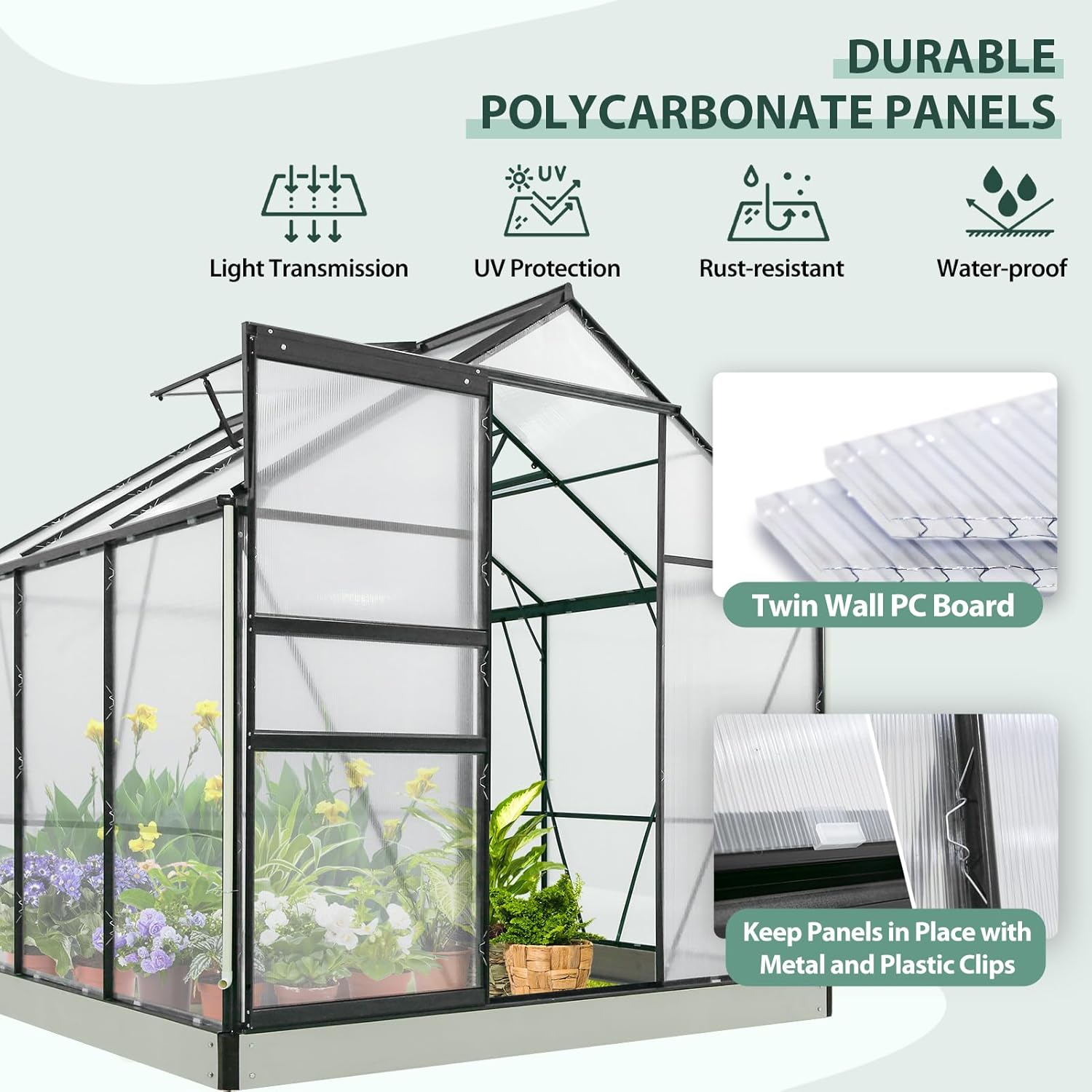 EAGLE PEAK 6x6x7 Outdoor Walk-in Hobby Greenhouse with Adjustable Roof Vent and Rain Gutter, Base and Anchor
