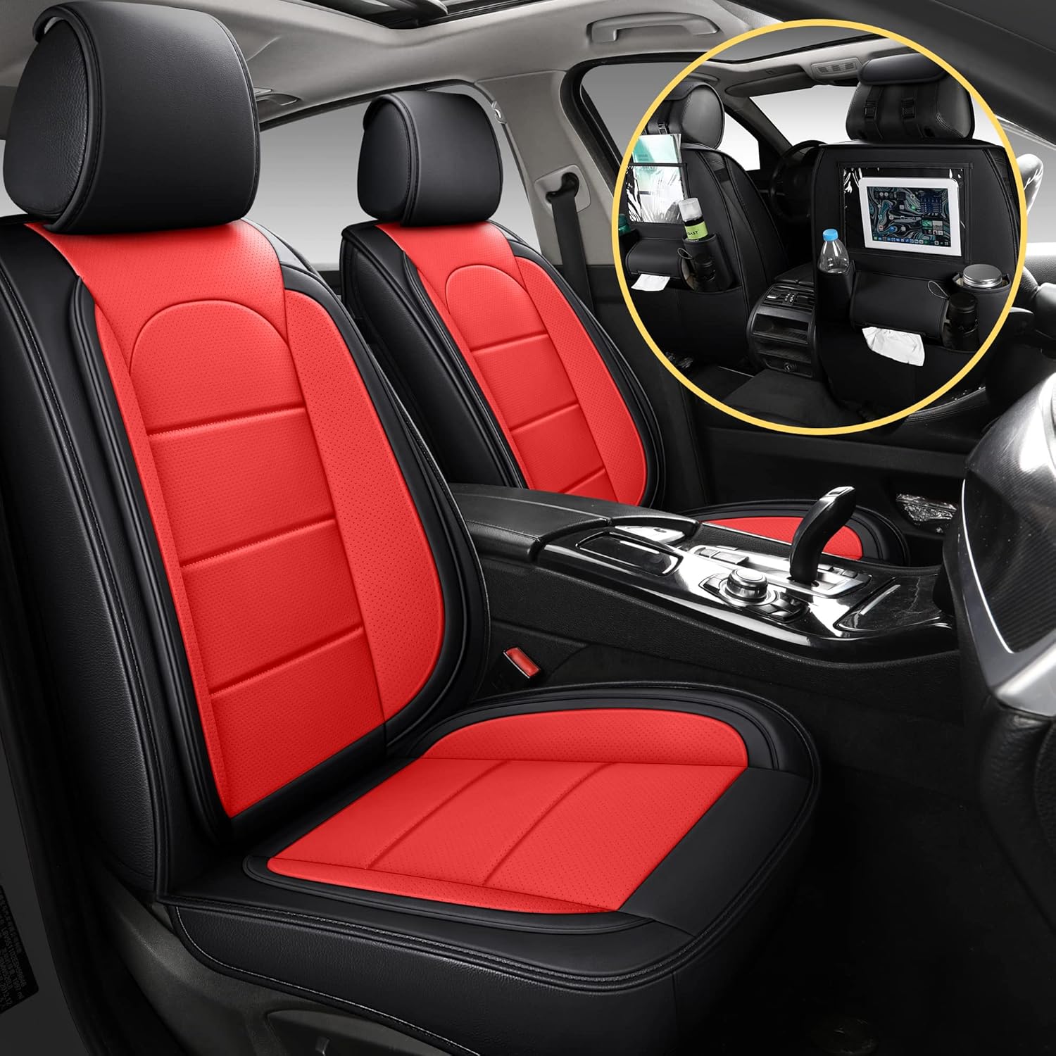 AOOG Leather Car Seat Covers with Car Backseat Organizer, Universal Automotive Vehicle Seat Cover for Most Sedan SUV Pick-up Truck, Front Pair, Beige