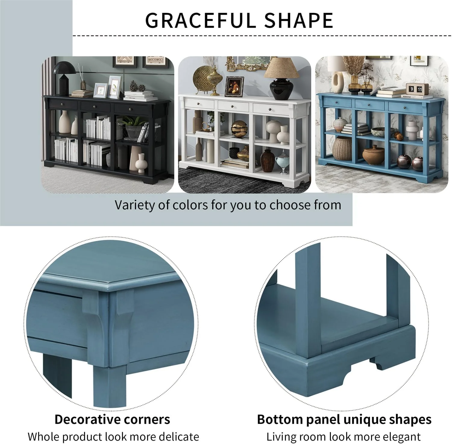 Console Table Sofa Table With 3 Drawers And Storage Shelf, Wooden Sideboard Side Table For Living Room Bedroom, Teal Blue