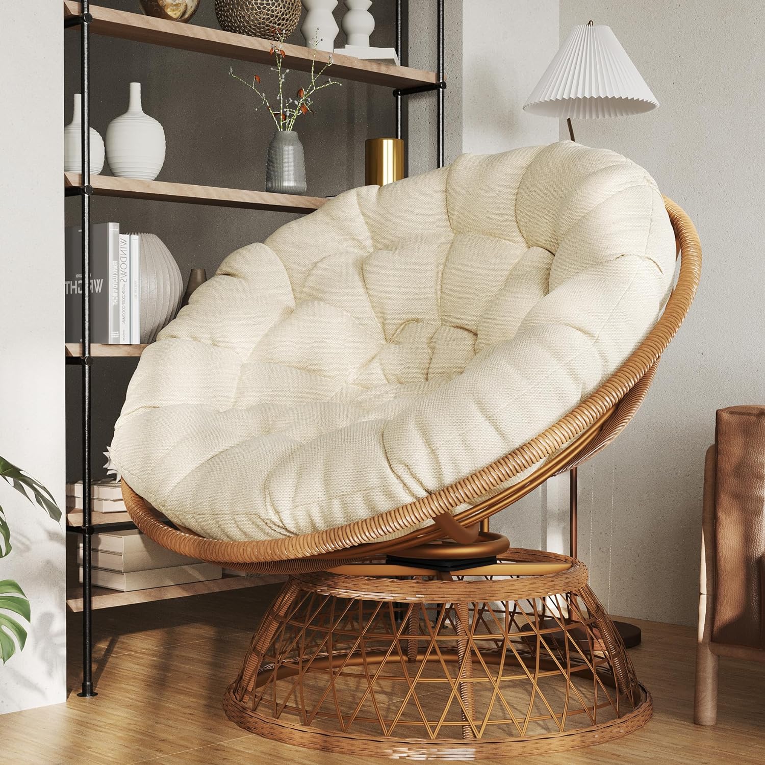 U-ToBe Papasan Chair with Cushion and 360°Swivel Base, 38" Wicker Papasan Lounge Chair with Cushion and Sturdy Frame, Large Saucer Chair, Lazy Chair