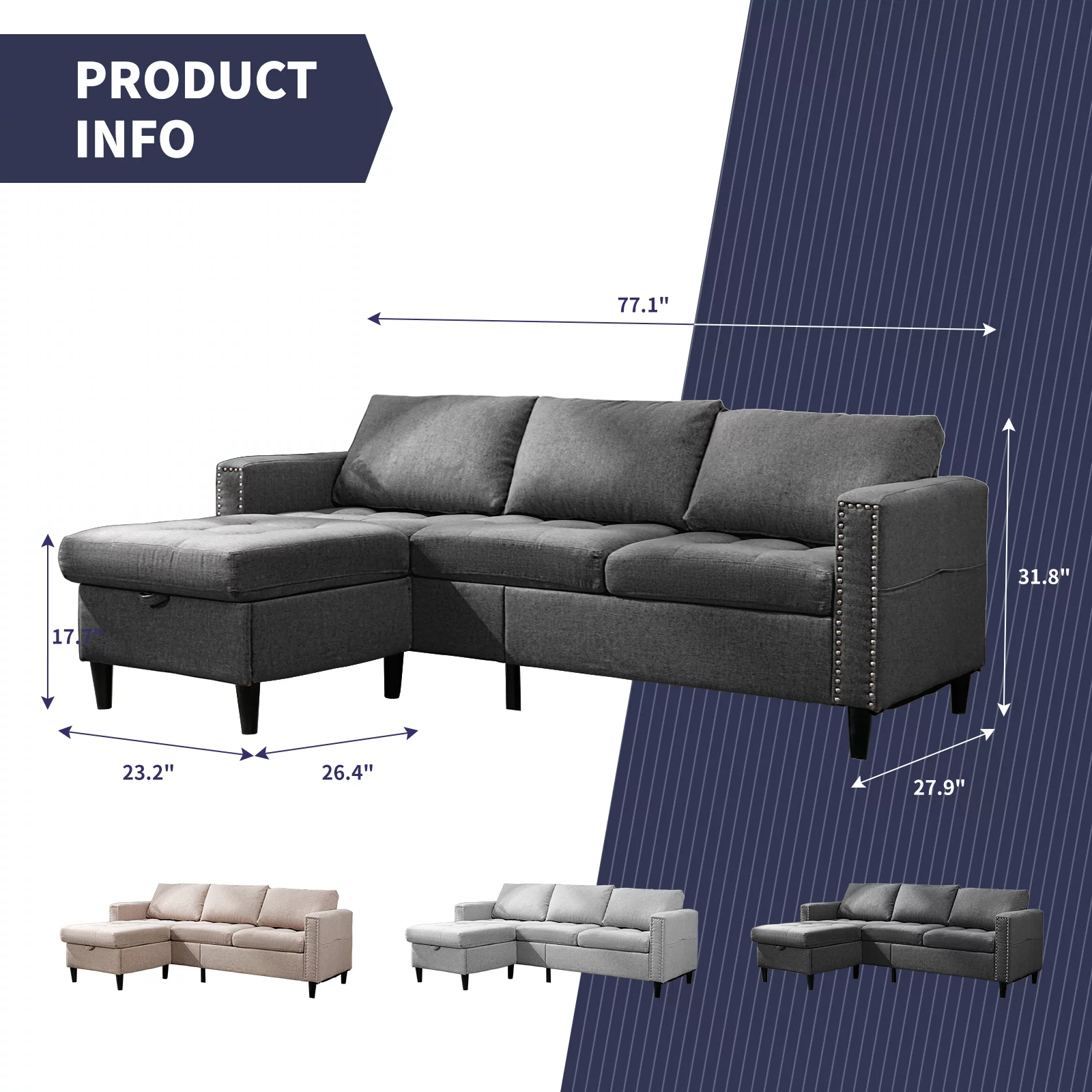 ZAFLY Reversible Sectional Couch, Set 3 Seat L Shaped Modular Sleeper Sofa Bed with Flexible Storage Ottoman Chaise
