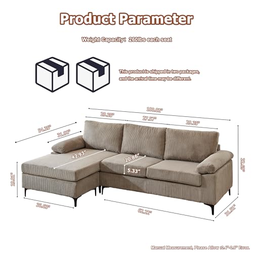 Convertible Sectional Sofa 100" L Shaped Couch Modern 3-Seat Corduroy Fabric with Reversible Chaise for Living Room,Black