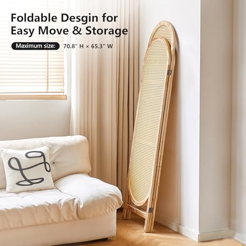 Room Divider 4 Panel, Folding Privacy Screen, Foldable Wood Divider Room Dec, Rattan Room Divider, Portable Partition Screen