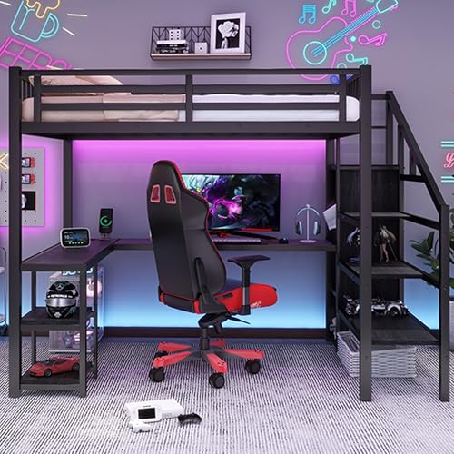 Full Size Loft Bed with Desk,Metal Heavy Duty Full Loft Bed with Stairs,Wardrobe and Shelves