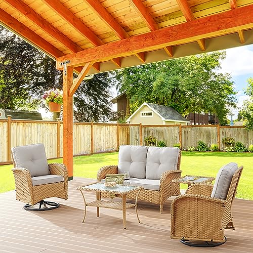 Patio Wicker Chairs Swivel Rocker - Outdoor Swivel Rocking Chairs Set of 2 with Rattan Side Table