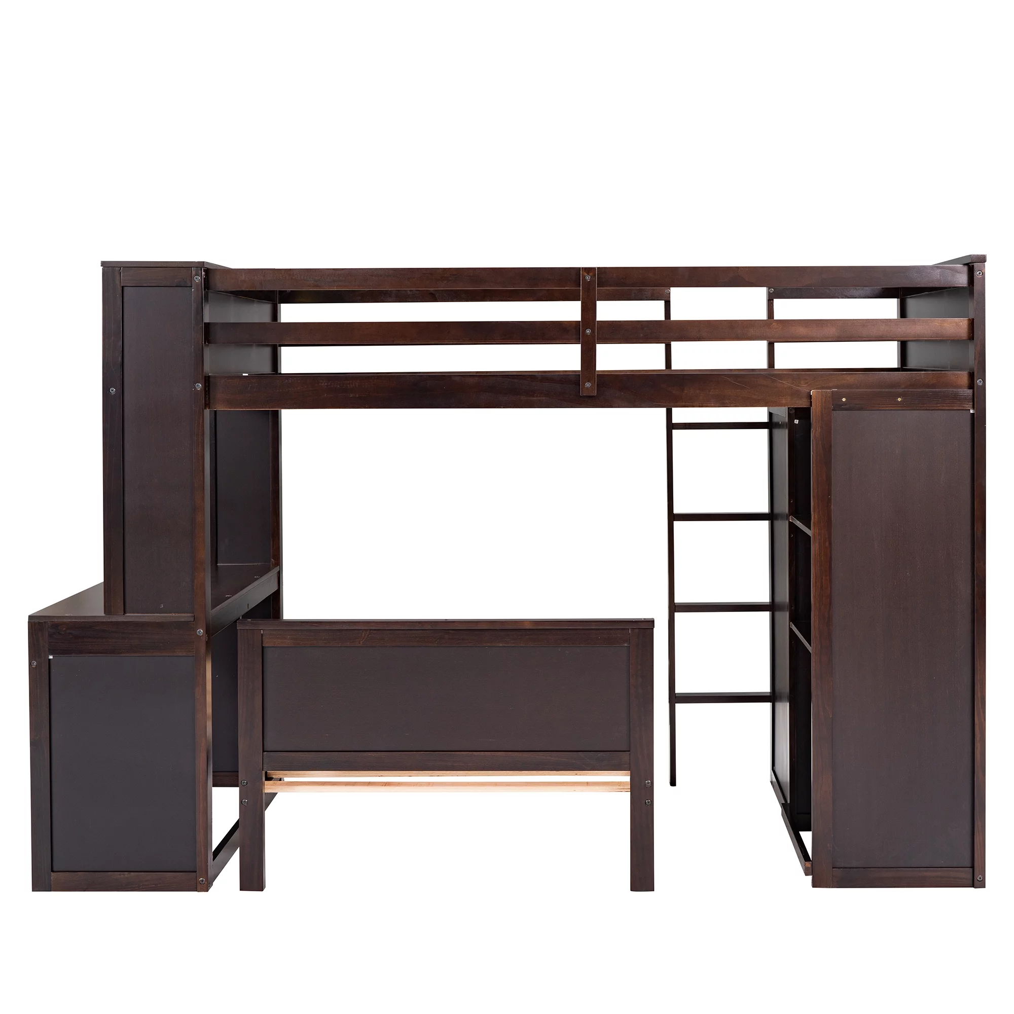Twin Size Solid Wood Loft Bed with a Stand-alone bed, Shelves, Desk, and Wardrobe, Multifunctional Loft Bed with Ladder, Shelves, Wooden Loft Bed