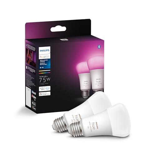 Philips Hue 75W A19 White and Color Ambiance LED Smart Color-Changing Bulb - Pack of 4 - E26 Indoor - Control with Hue App - Compatible with Alexa