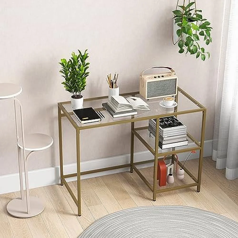 HJZBNONE Tempered Glass Computer Desk with 2-Tier  Shelves  Modern Computer Workstation  Vanity Makeup Table  Sturdy Metal Frame  Home Office Desk