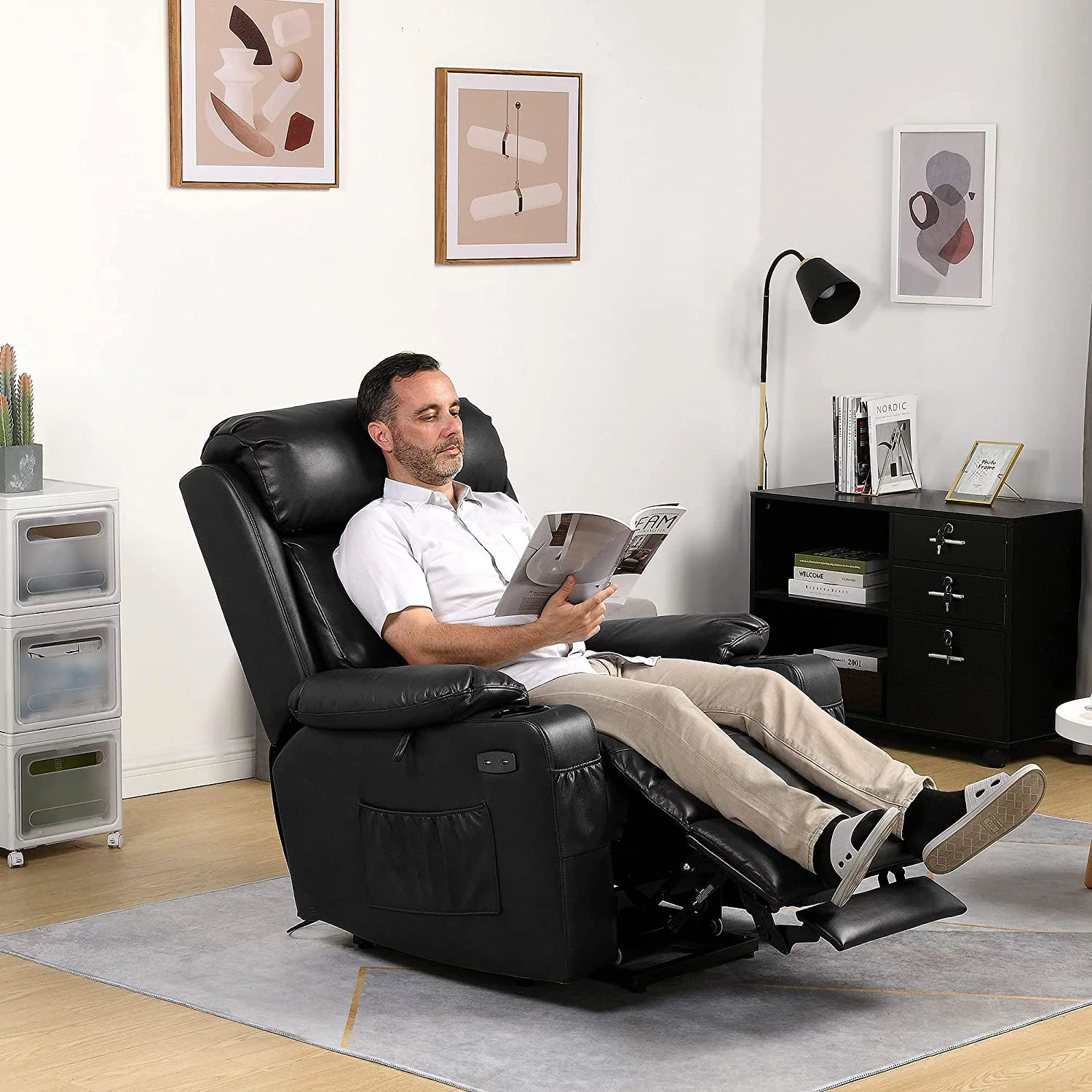 DWVO Power Lift Recliner Chair with Extended Footrest , Faux Leather Recliner Chair with Massage Heat, Remote Control for Living Room ,Black