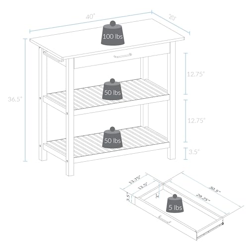 Casual Home Kitchen Island with Solid American Hardwood Top, Natural/White, 40" W (373-91)