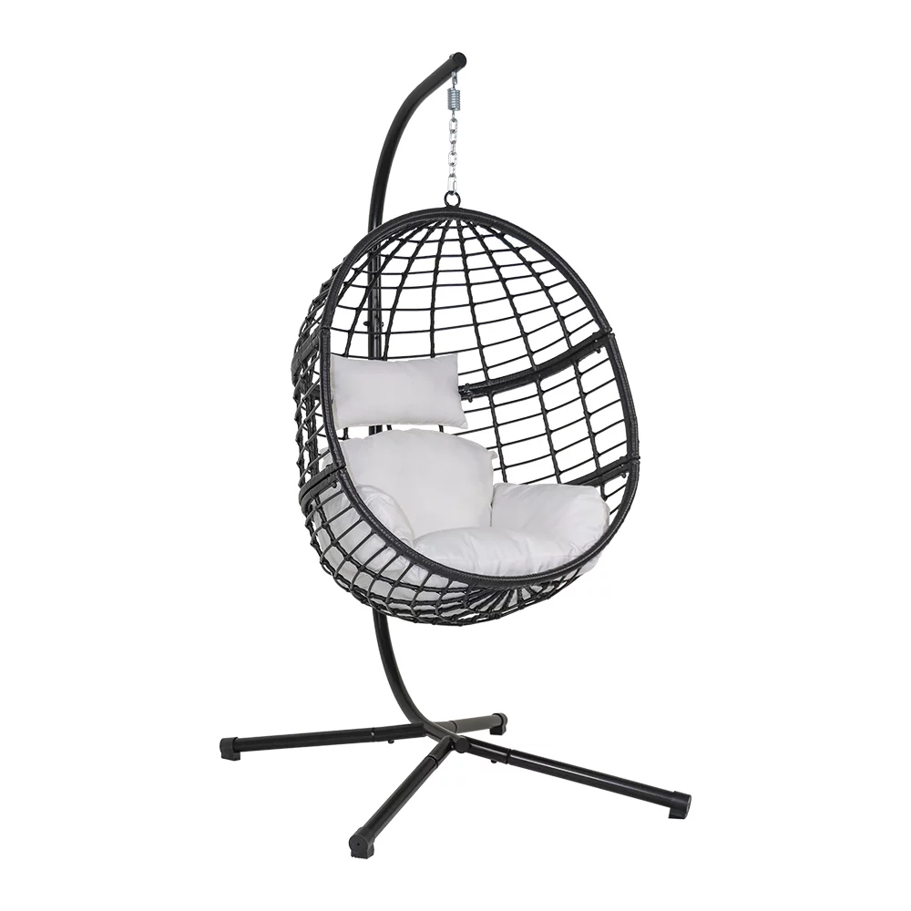 Abble Wicker Hanging Egg Chair with Cushion and Stand - Black