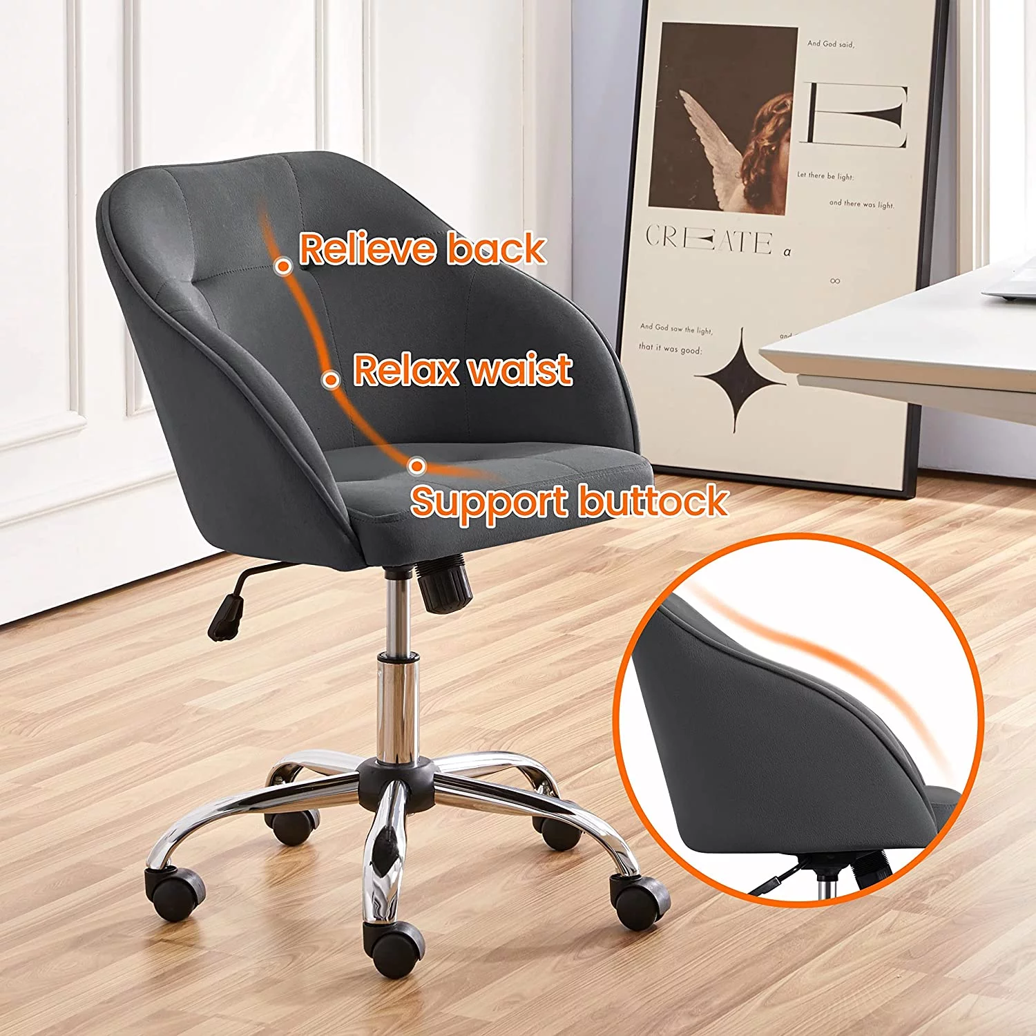 Modern Boucle Desk Chair, Makeup Vanity Chair with Adjustable Tilt Angle