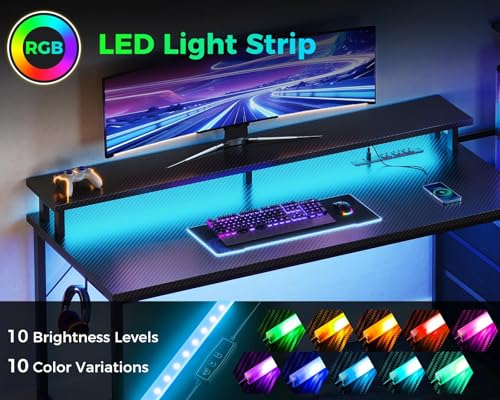 AODK 59 Inch Gaming Desk with USB Charging Ports & LED Light- Reversible Computer Desk with Storage Shelves & Monitor Stand