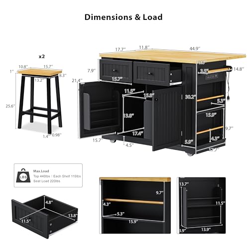 Rolling Kitchen Island with Drop Leaf & Power Outlet, Large Kitchen Islands Cart on Wheels