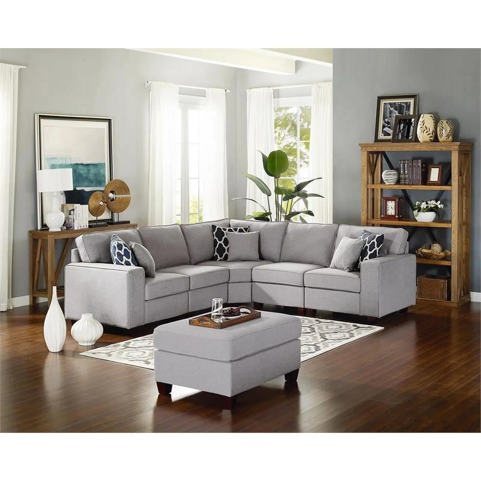 Bowery Hill Modern 6-PC Fabric Modular Sectional Sofa with Ottoman in Light Gray