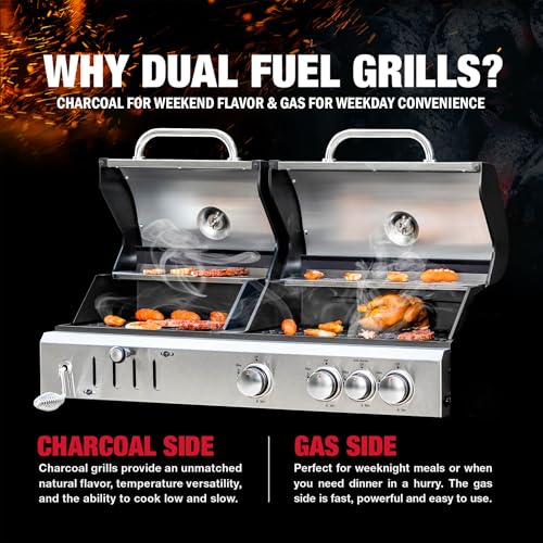 3 Burner Propane Gas and Charcoal Grill Combo with Side Burner & Porcelain-Enameled Cast Iron Grates, 37