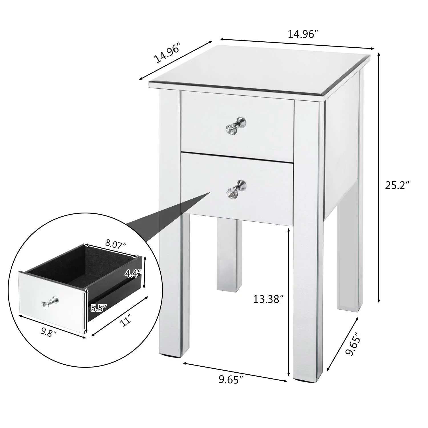 GoDecor Mirrored Nightstand Bedside Table Silver,Accent End Table Glass Furniture for Bedroom,Living Room,Sliver