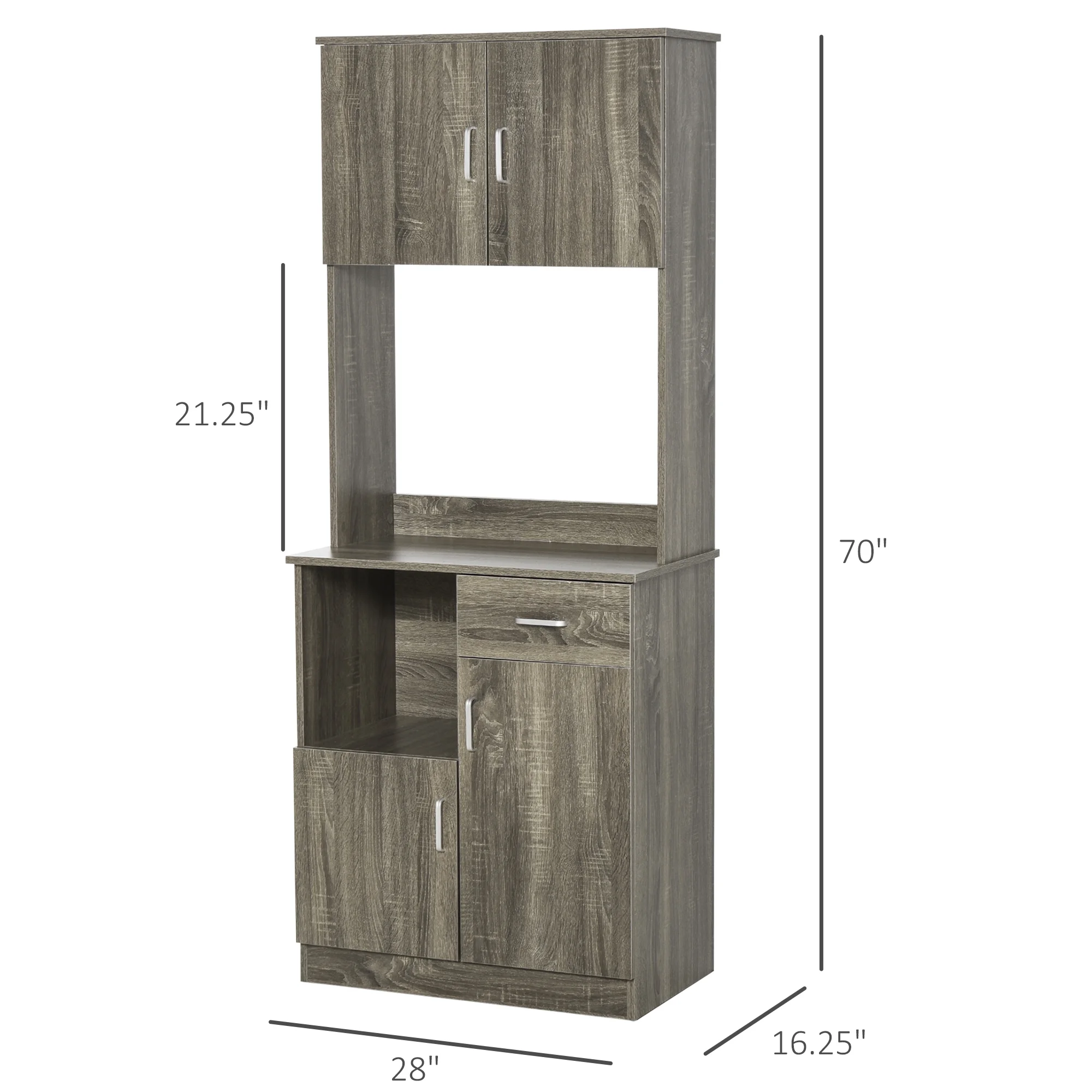 HOMCOM Kitchen Pantry Storage Cabinet with Microwave Stand, Buffet with Hutch, Door Cupboards, Drawer and Adjustable Shelves, Gray