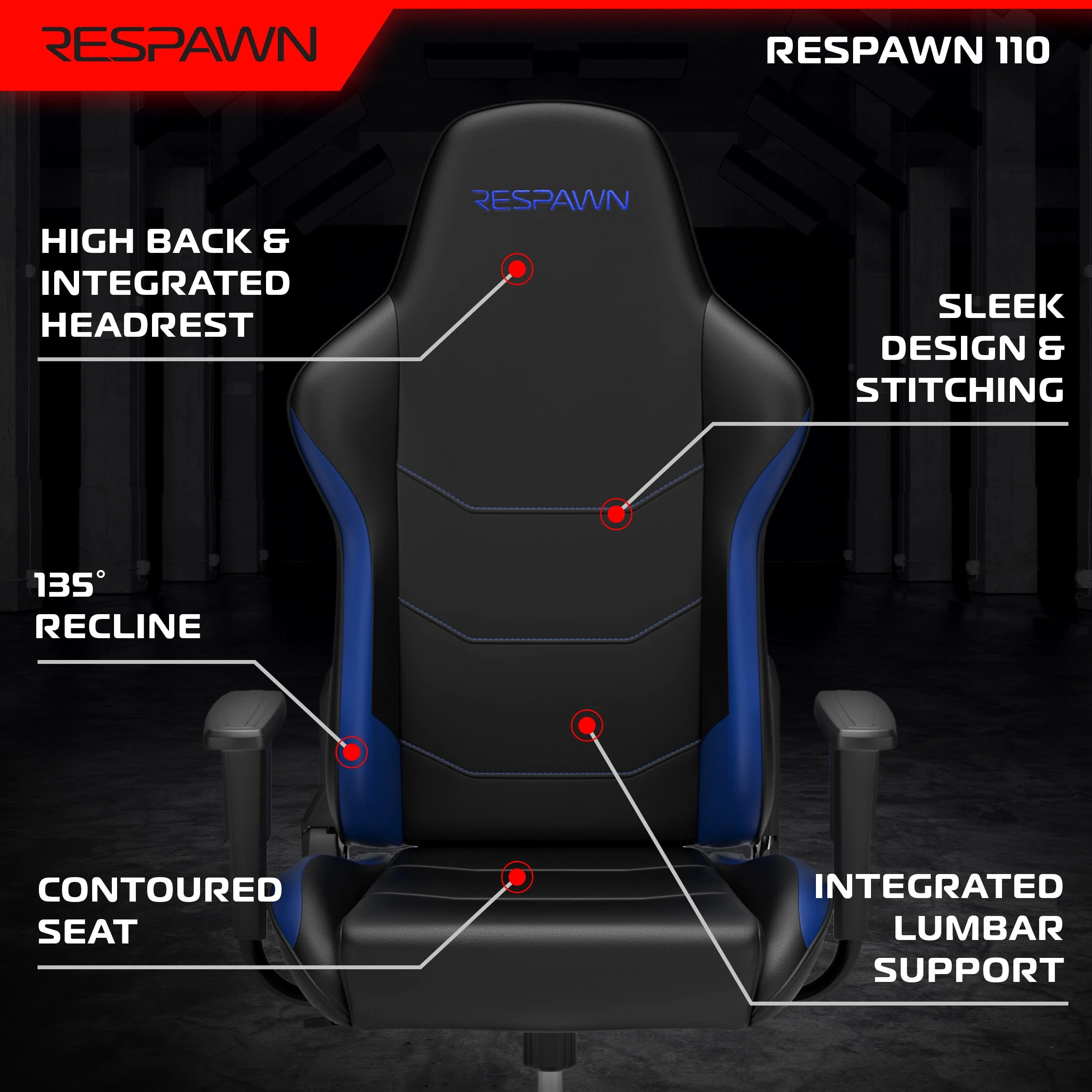 RESPAWN 110 Ergonomic PVC Gaming Chair-Racing Style High Back Office Chair -Integrated Headrest, Recline with Adjustable Tilt Tension & Angle Lock