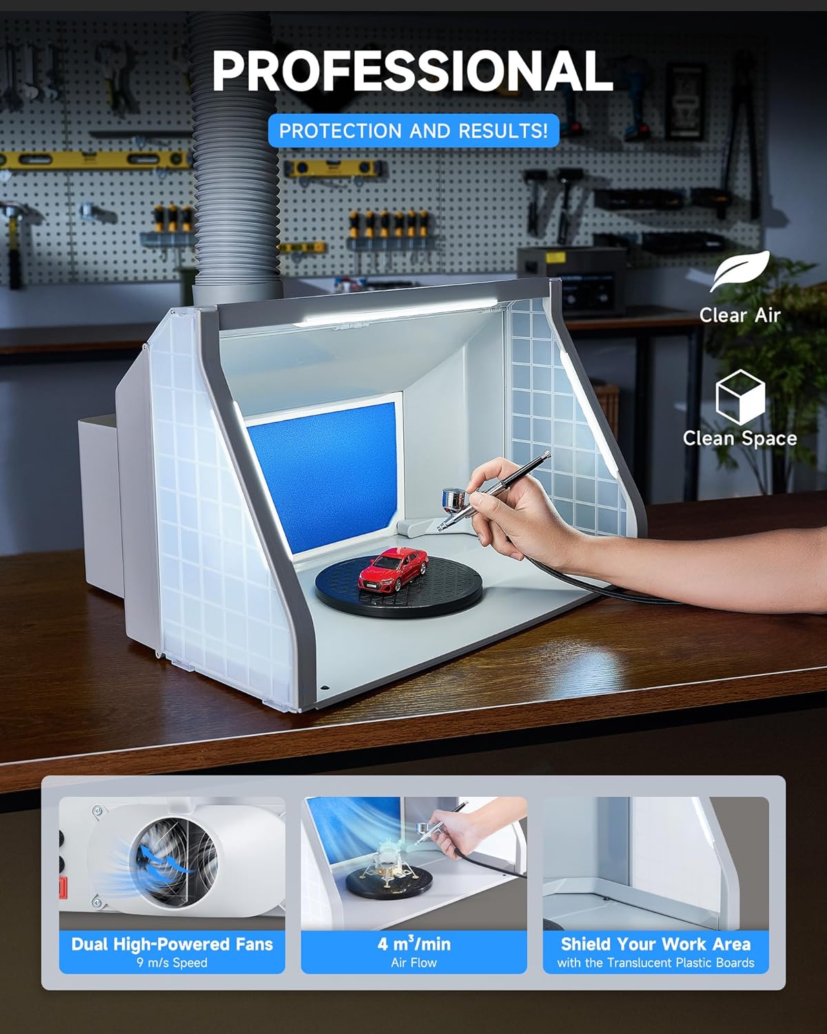 Airbrush Spray Booth With Dual Fans, Portable Paint Spray Booth For Airbrushing With Stepless Speed Switch, 3 LED Lights And Exhaust Hose