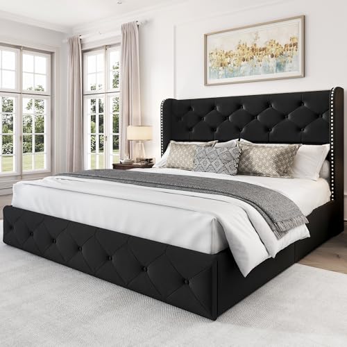 King Size Bed Frame with 4 Storage Drawers and Tufted Headboard Linen Upholstered Platform Bed Frame Wingback Beds with Wooden Slats Support