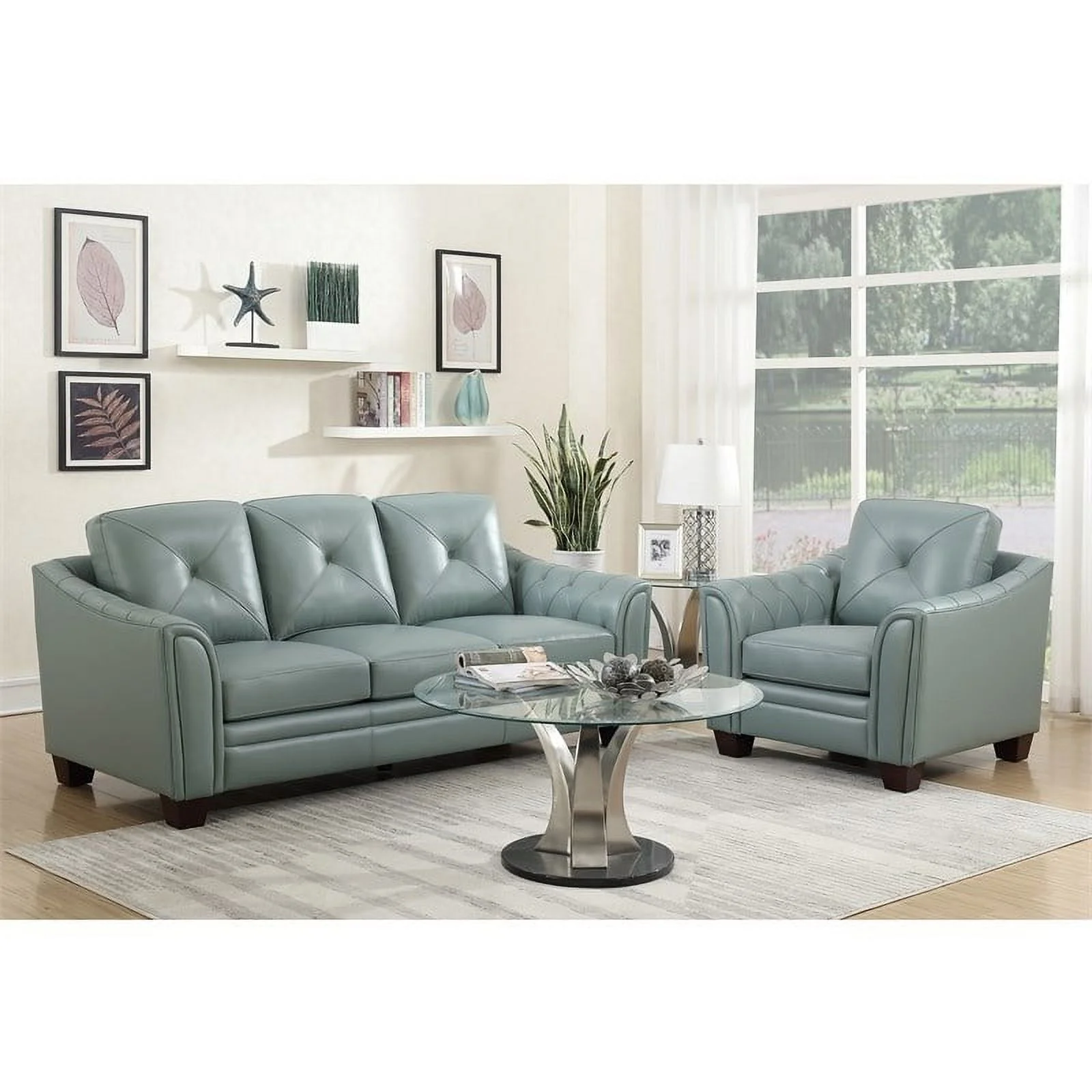 Maklaine 21" Transitional Leather Tufted Fitted Back Sofa in Spa Green