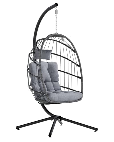 SWITTE Egg Chair Outdoor with Stand, Indoor Wicker Hanging Egg Swing Chair with Cushion, 350lbs Capacity for Patio, Bedroom, Garden - Gray
