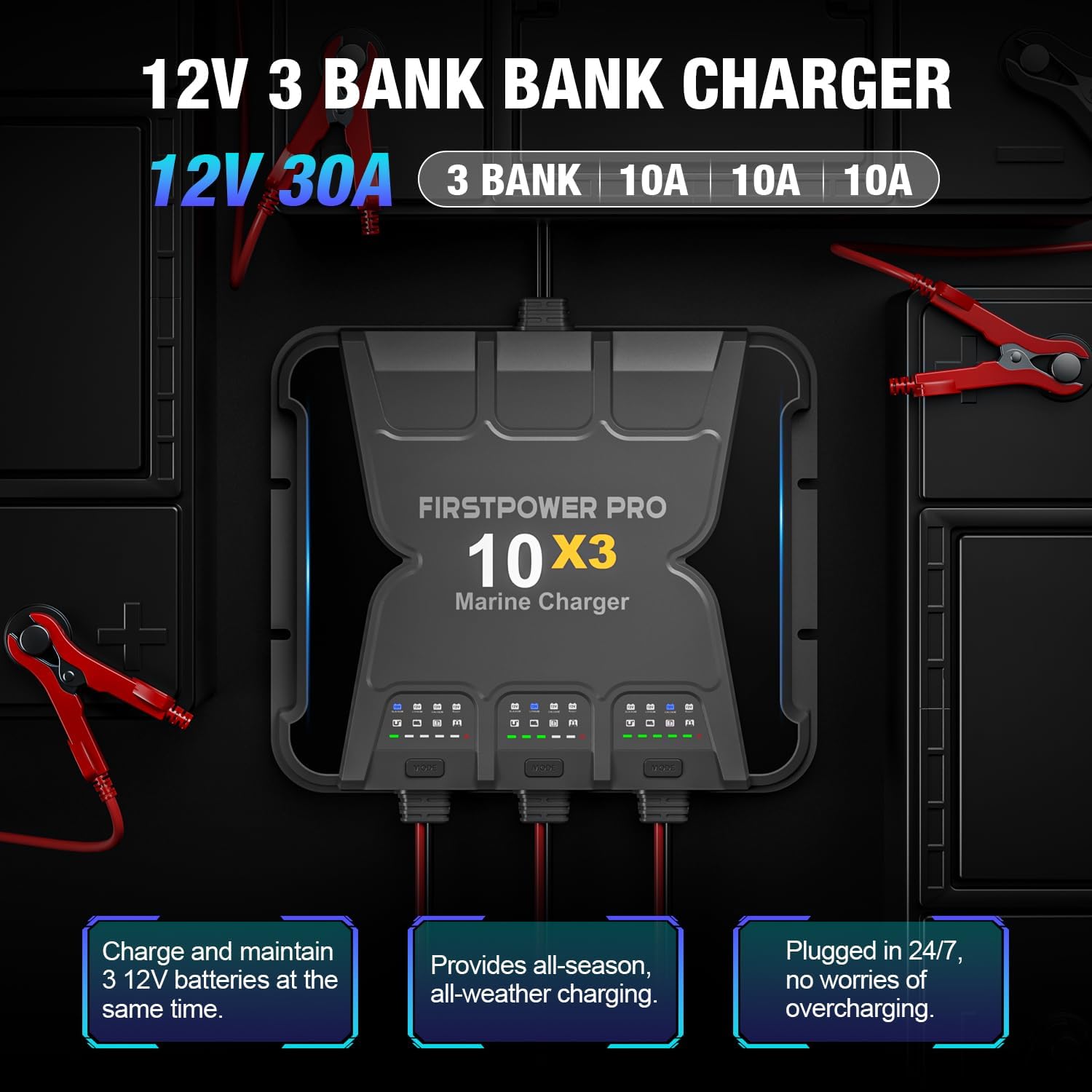 3 Bank Marine Battery Charger 10X3, 30A (10A/Bank) - 12V Waterproof Onboard Battery Charger, Battery Maintainer & Desulfator for SLA/AGM